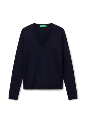 Maglione blu navy a scollo a V, maniche lunghe, realizzato in tessuto morbido. Presenta polsini e orlo a coste, offrendo un design semplice e classico.