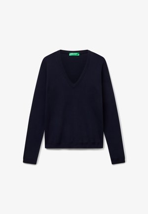 Marineblauer V-Ausschnitt-Pullover, lange Ärmel, aus weichem Stoff. Mit gerippten Bündchen und Saum, bietet ein schlichtes und klassisches Design.