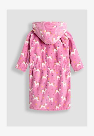 Pink fleece bathrobe with a hood, featuring a unicorn pattern and multicolored stars. Has long sleeves and a cinched waist.