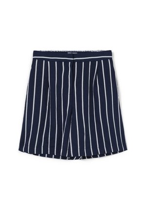 Pantaloni corti a pieghe blu realizzati in tessuto morbido con righe bianche verticali. Presentano una vita elasticizzata e un design dalla vestibilità rilassata.