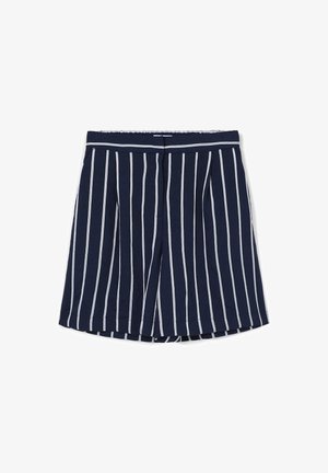 Navy pleated shorts made of soft fabric with vertical white stripes. Features an elastic waistband and a relaxed fit design.