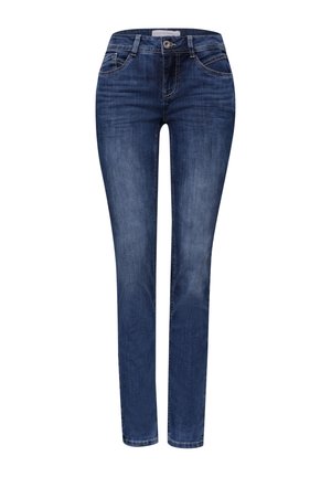 Donkerblauwe slim-fit damesjeans met voor- en achterzakken, knoopsluiting en subtiele vervaging op de dijen.