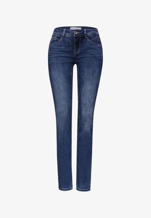 Dark blue slim-fit women's jeans with front and back pockets, button closure, and subtle fading on thighs.
