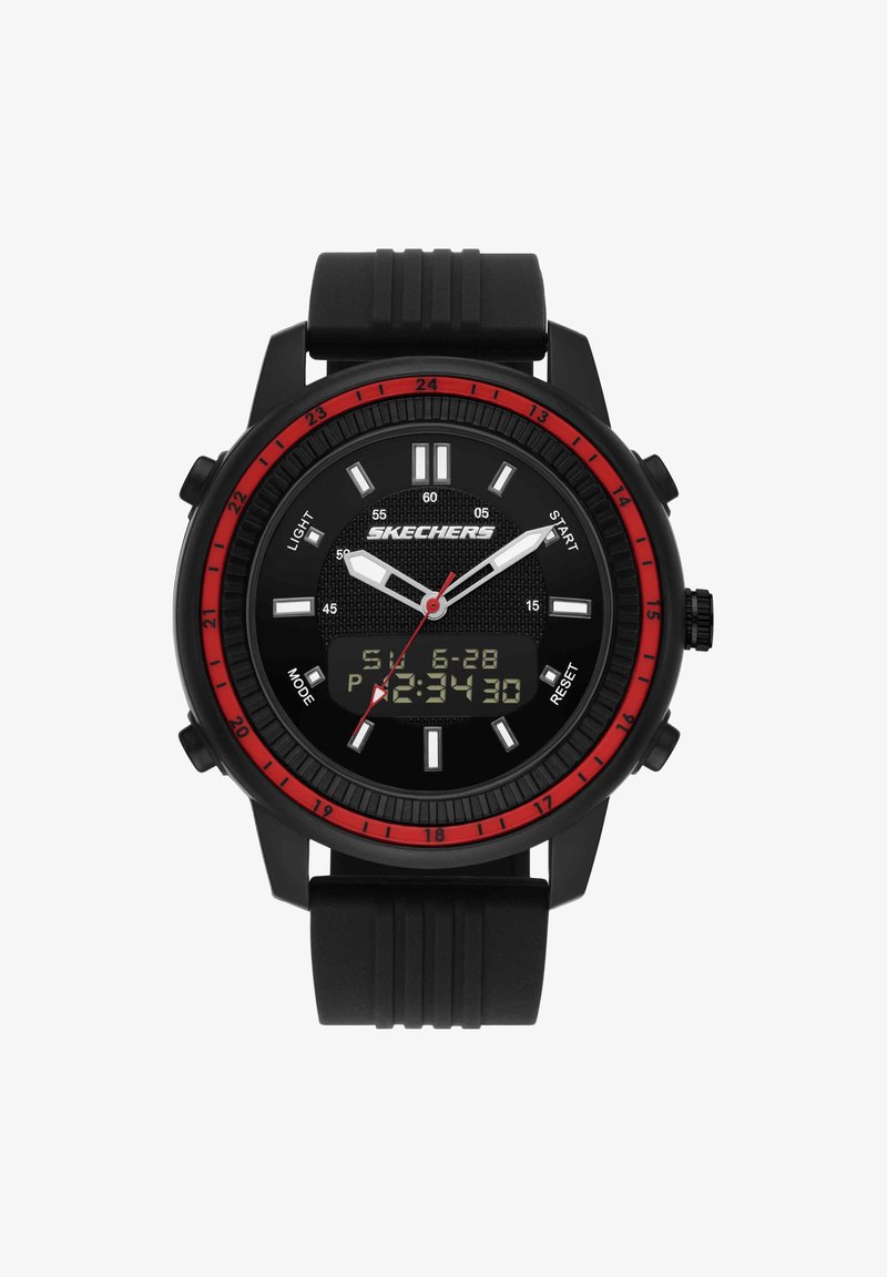 Montre-bracelet noire Skechers avec aiguilles analogiques, écran numérique affichant l’heure et la date, trotteuse rouge et lunette rouge 24 heures.
