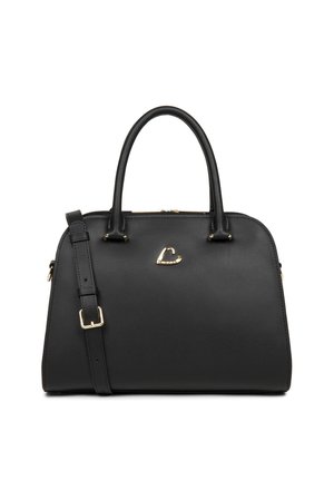 Borsa a tracolla in pelle nera con un design strutturato, manici doppi, tracolla staccabile, finiture in tono oro e un piccolo logo a forma di cuore sul davanti.