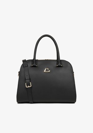 Borsa a tracolla in pelle nera con un design strutturato, manici doppi, tracolla staccabile, finiture in tono oro e un piccolo logo a forma di cuore sul davanti.