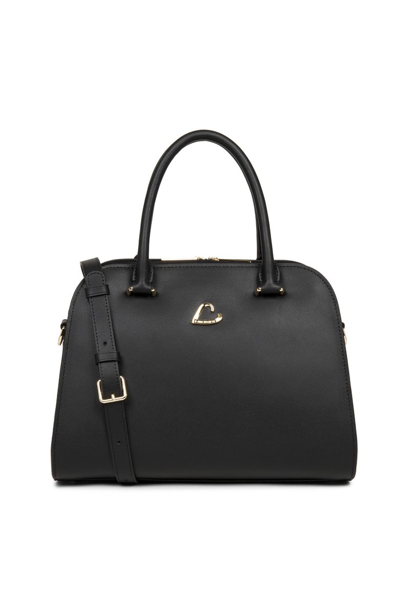 Sac à main en cuir noir avec garnitures en métal doré, forme arrondie, poignées supérieures, bandoulière réglable et logo décoratif sur le devant.