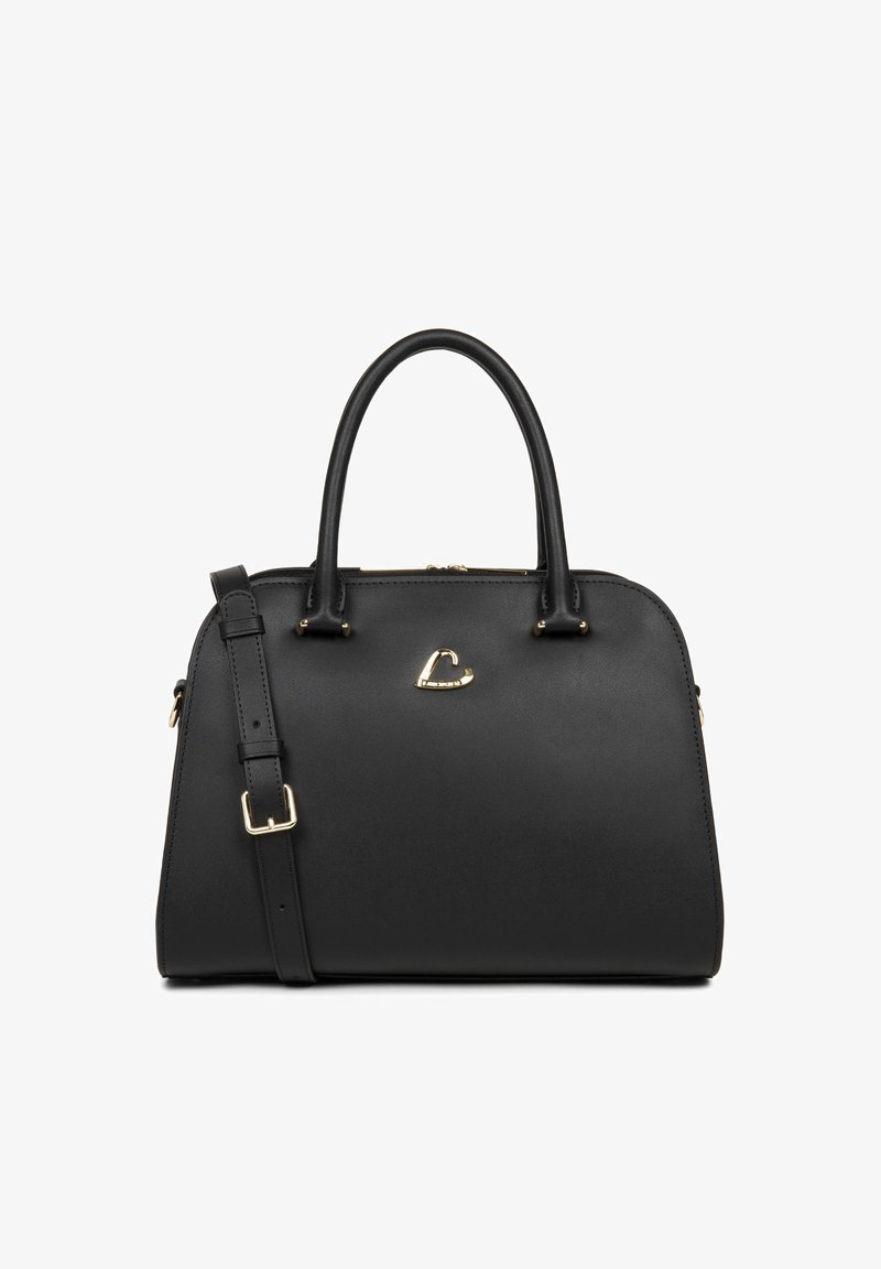 Sac à main en cuir noir avec garnitures en métal doré, forme arrondie, poignées supérieures, bandoulière réglable et logo décoratif sur le devant.