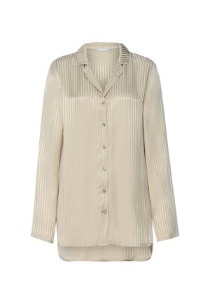 Blusa beige in satin a maniche lunghe con righe verticali, chiusura frontale con bottoni, colletto classico e orlo leggermente curvo.