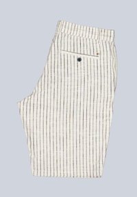 Linen trousers with vertical black stripes on a light background. Features a waist button, a back pocket with a button closure, and a straight shape.