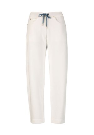 Weiße Freizeithosen mit zulaufenden Beinen, Vordertaschen und einem blauen Taillenband zum Binden.