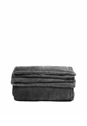 Dark grey plush blanket neatly folded on a white background, showing soft texture and smooth edges.