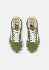 Gröna kanvas-sneakers med vita snörningar, en vit sidrand och svarta gummisulor. Har sömdetaljer och en mjuk innerfoder.