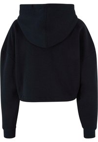 Felpa nera accorciata con un grande cappuccio, maniche lunghe e polsini a coste. Tessuto morbido con dettagli di cucitura minimi sul retro.