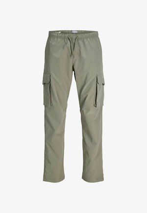 Pantalon cargo vert clair en tissu léger et respirant. Comprend une taille élastique, plusieurs poches latérales et une coupe droite.