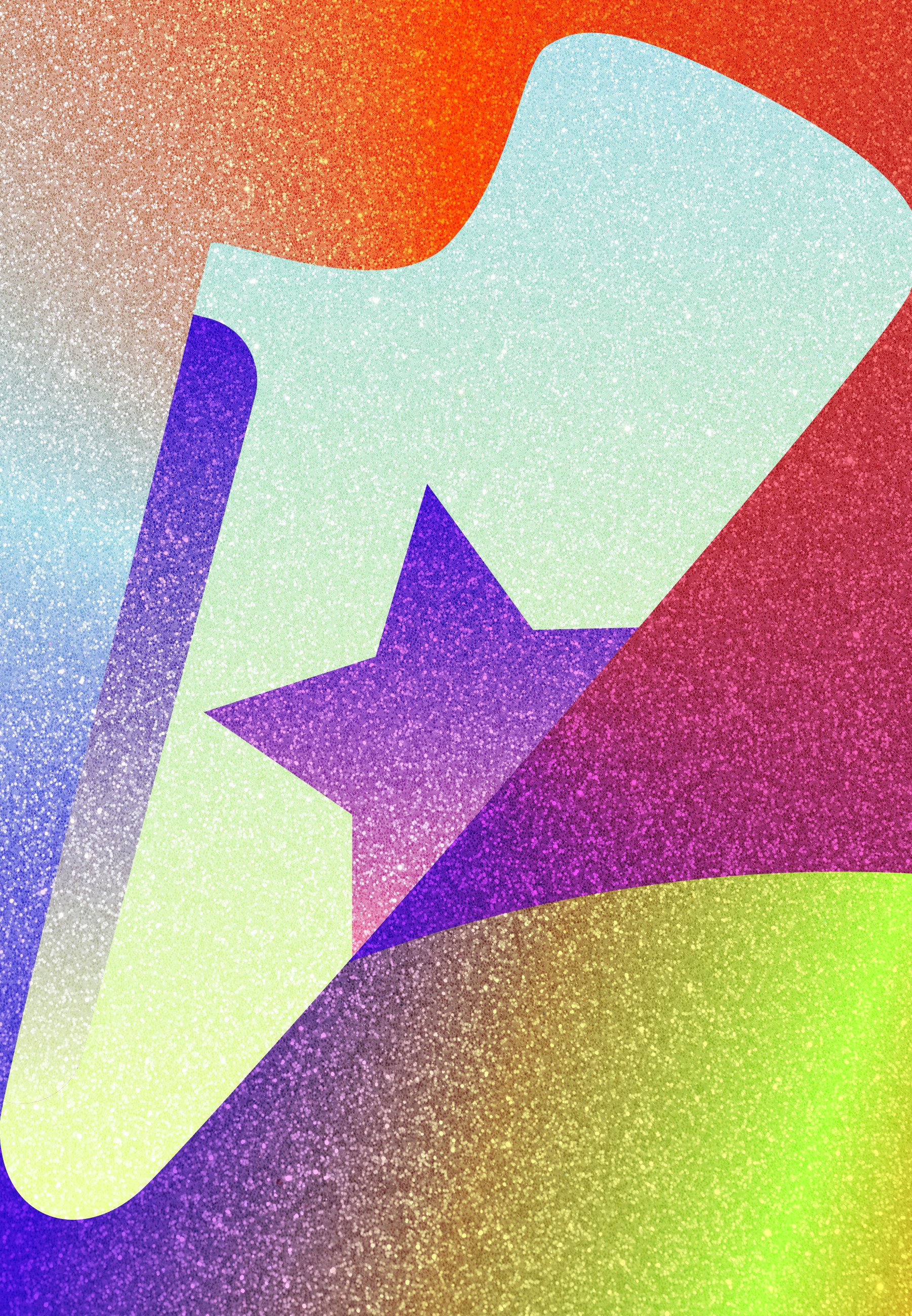 Design abstracto colorido com formas sobrepostas em azul claro, roxo, vermelho e verde, apresentando um motivo de estrela, tudo com uma textura cintilante.