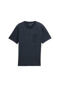 Camiseta de manga corta en color azul marino, hecha de un tejido de punto texturizado. Presenta un bolsillo en el pecho y un escote redondo con un ribete acanalado.