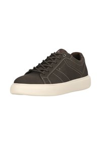 Dunkelgraue synthetische Sneakers mit weißen Gummisohlen, kontrastierenden Nähten und flachen Schnürsenkeln. Mit abgerundetem Zehenbereich und minimalistischem Design.