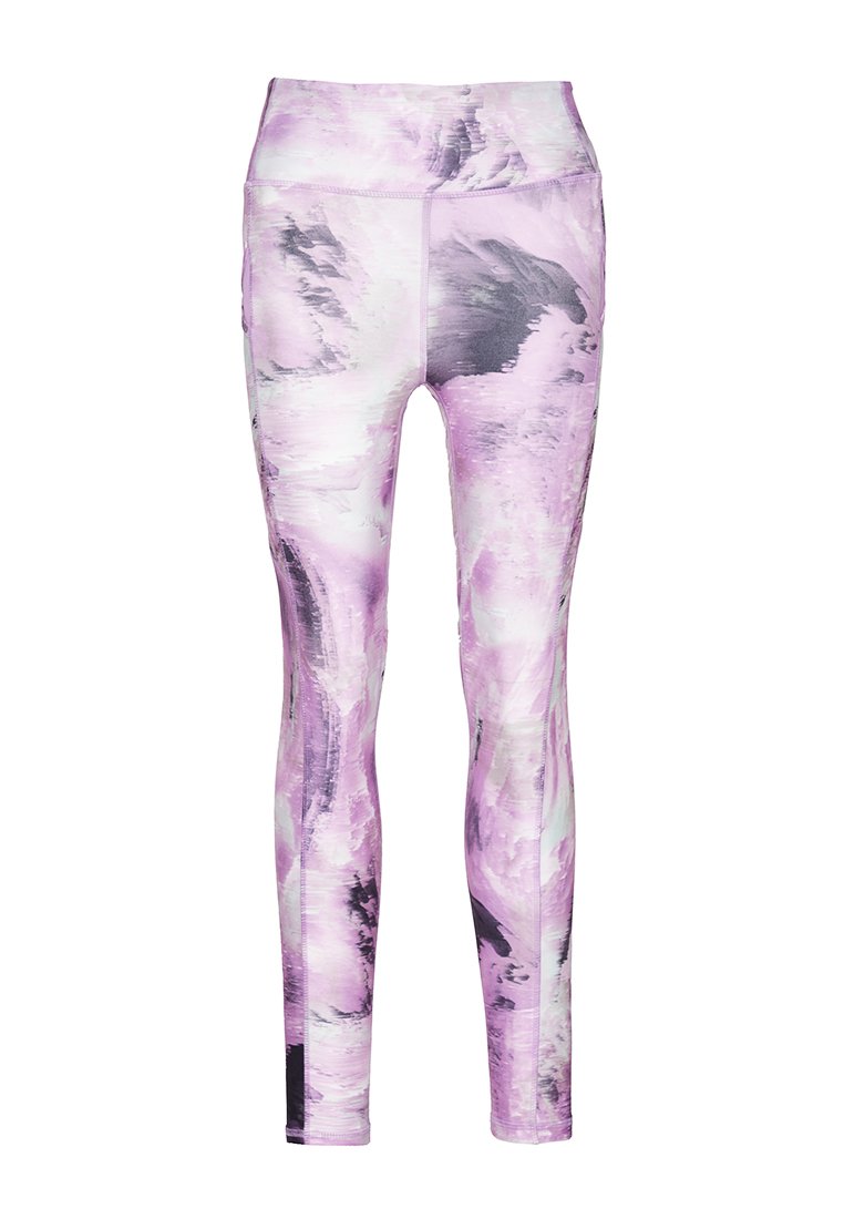 Leggings de cintura alta en un patrón abstracto rosa y morado, confeccionados con una tela elástica, que presentan una textura suave y un diseño ajustado.