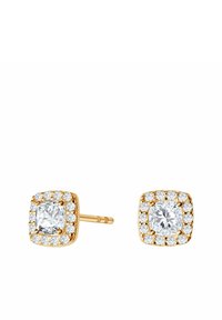 Złote kolczyki w formie sztyftów z kwadratowym centrum z cyrkonią, otoczonym mniejszymi okrągłymi akcentami z cyrkonii w oprawie halo.