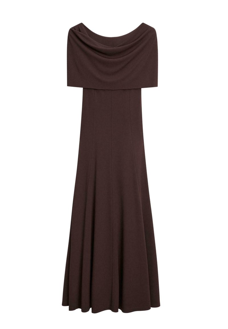 Robe marron de longueur genou en tissu doux, avec un décolleté drapé et une silhouette évasée dotée de détails de couture.