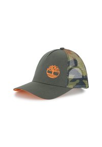 Casquette olive avec une visière incurvée, dos en maille arborant un motif camouflage, et un logo d'arbre orange sur le panneau avant.
