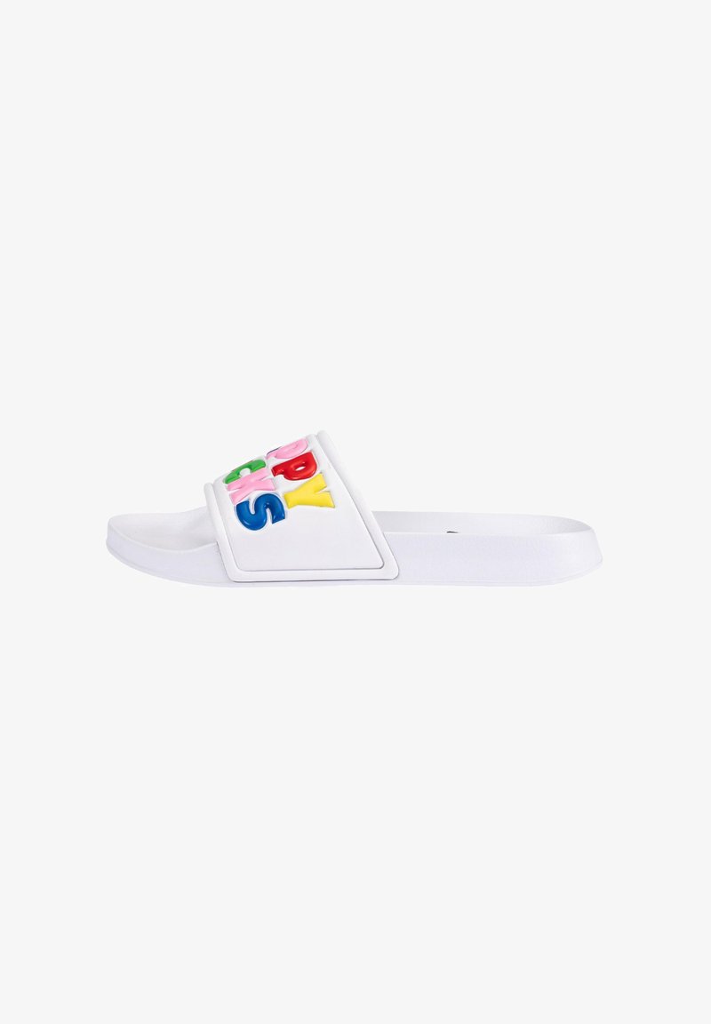 White slide sandal featuring a wide strap adorned with colorful letter accents spelling "happy." Smooth texture and flat sole design.