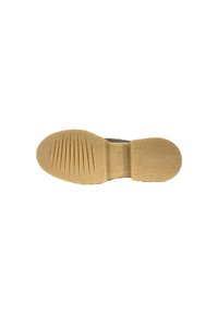 Semelle de chaussure en caoutchouc avec une surface texturée jaune-brun. Présente des motifs nervurés pour l'adhérence et une zone de orteil lisse et arrondie.