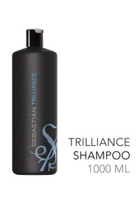 Bottiglia nera in plastica di shampoo Trilliance, 1000 ml, con testo blu e un design cilindrico elegante dotato di tappo a flip-top.