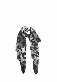 Leopard print scarf in shades of gray, black, and brown, featuring a soft texture and fringed edges. Lightweight and versatile design.