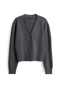 Cardigan en tricot côtelé gris foncé avec des manches longues, décolleté en V et trois boutons noirs sur le devant.