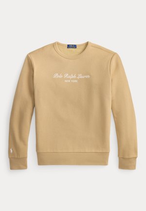 Beige langærmet crewneck sweatshirtd med "Polo Ralph Lauren New York" broderet på brystet og lille logo på venstre ærmekant.