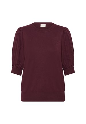 Burgundy knit sweater with puffed short sleeves, ribbed cuffs, and hem. Smooth texture with a relaxed fit design. Tag visible at the neck.