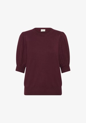 Suéter de punto burdeos con mangas cortas abullonadas, puños y dobladillo acanalados. Textura suave con un diseño de corte holgado. Etiqueta visible en el cuello.