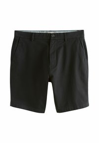 Zwarte korte broek van zachte stof, met een gulp met rits, knoopsluiting en twee zijzakken. Het ontwerp is eenvoudig zonder zichtbare patronen.