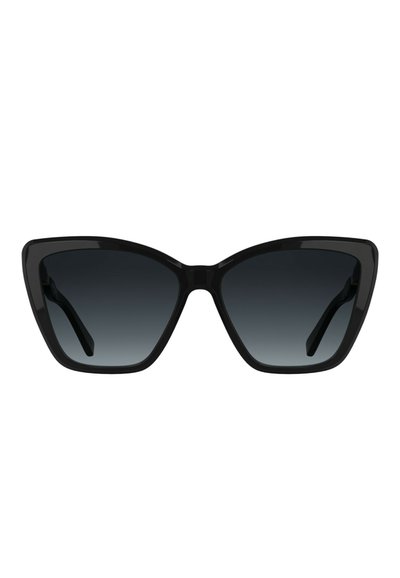Schwarze, übergroße Cat-Eye-Sonnenbrille mit dunklen Verlaufsgläsern und glänzendem Rahmen, frontal gezeigt.