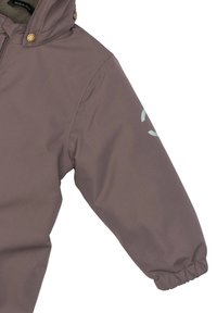 Brown waterproof jacket section with a hood, featuring elastic cuffs and a reflective logo detail on the sleeve. Smooth, matte texture.