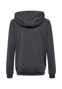 Dunkelgrauer Hoodie mit langen Ärmeln, von hinten gezeigt, aus strukturiertem Stoff, eng anliegende Bündchen und eine angenähte Kapuze ohne sichtbare Kordeln.