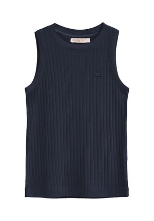 Haut en tricot côtelé bleu marine sans manches avec encolure ronde et petit logo de marque rectangulaire sur le côté gauche de la poitrine.