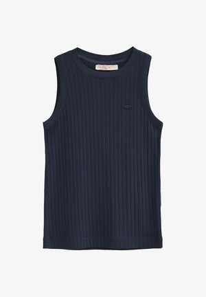 Haut en tricot côtelé bleu marine sans manches avec encolure ronde et petit logo de marque rectangulaire sur le côté gauche de la poitrine.
