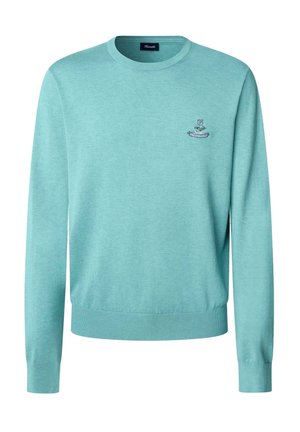 Hellblau gestrickter Pullover mit klassischem Rundhalsausschnitt, gerippten Bündchen und Saum. Verfügt über ein gesticktes Logo auf der Brust.