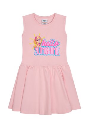 Rosa ärmelloses Kleid mit tailliertem Oberteil und ausgestelltem Rock. Es hat ein Grafik eines Cartoon-Hundes und den Text "Hallo Sonnenschein" in lebhaften Farben.