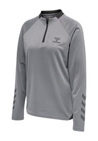 Graues Sportlangarmshirt mit schwarzem Viertel-Reißverschluss, schwarzem Kragenabschluss und schwarzen diagonalen Streifen an den unteren Ärmeln, mit hummel-Logo auf der Brust.