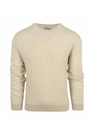 Beige trui met ronde hals, lange mouwen en geribde boorden en zoom, afgebeeld op een effen witte achtergrond.
