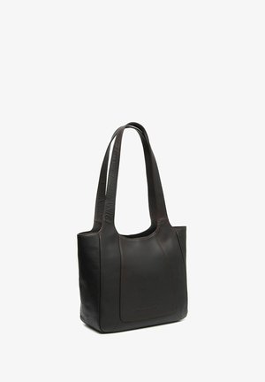 Bolso tote de cuero negro con dos asas largas y costuras mínimas, diseñado para llevar al hombro.