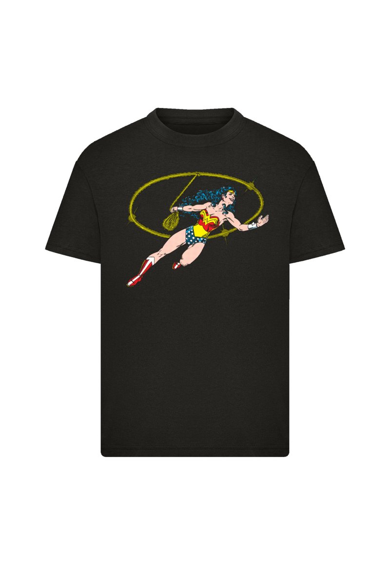 Black T-shirt with colorful Wonder Woman graphic holding a glowing yellow lasso in an action pose across the chest.