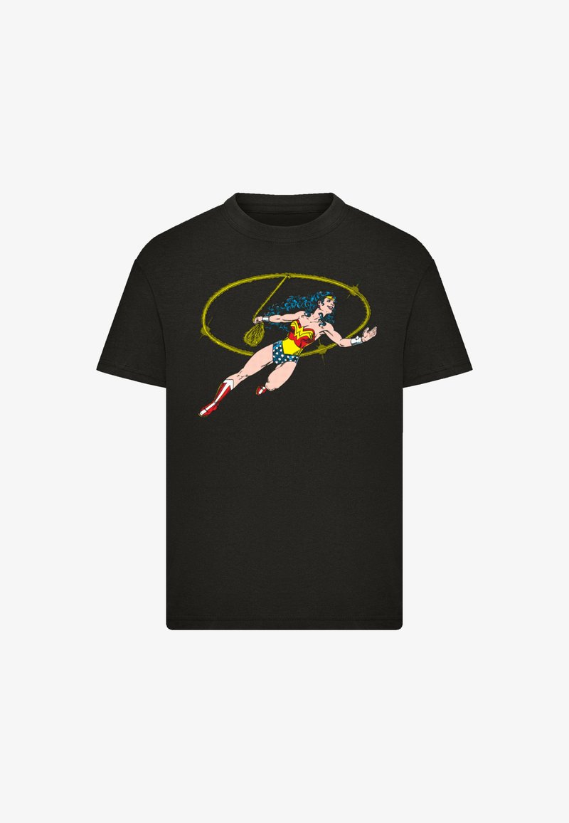 Black T-shirt with colorful Wonder Woman graphic holding a glowing yellow lasso in an action pose across the chest.