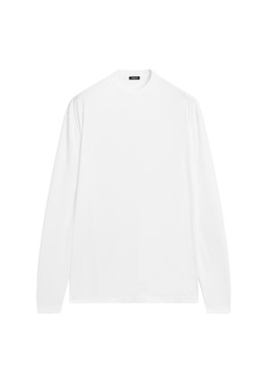 Langärmeliges weißes Shirt mit Rundhalsausschnitt, aus glattem Baumwollstoff. Verfügt über gerippte Bündchen und einen geraden Saum, ohne sichtbare Muster.