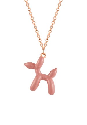 Ciondolo a forma di cane in palloncino rosa su una catena in oro rosa. Il ciondolo presenta una finitura lucida e forme arrotondate e stilizzate.