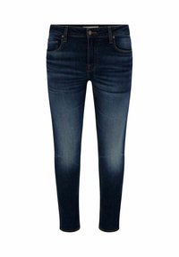 Tummansiniset skinny farkut joustavasta denimmateriaalista, joissa on haalistunut etuosan kuvio, viisi taskua, nappisulku ja vyölenkit.